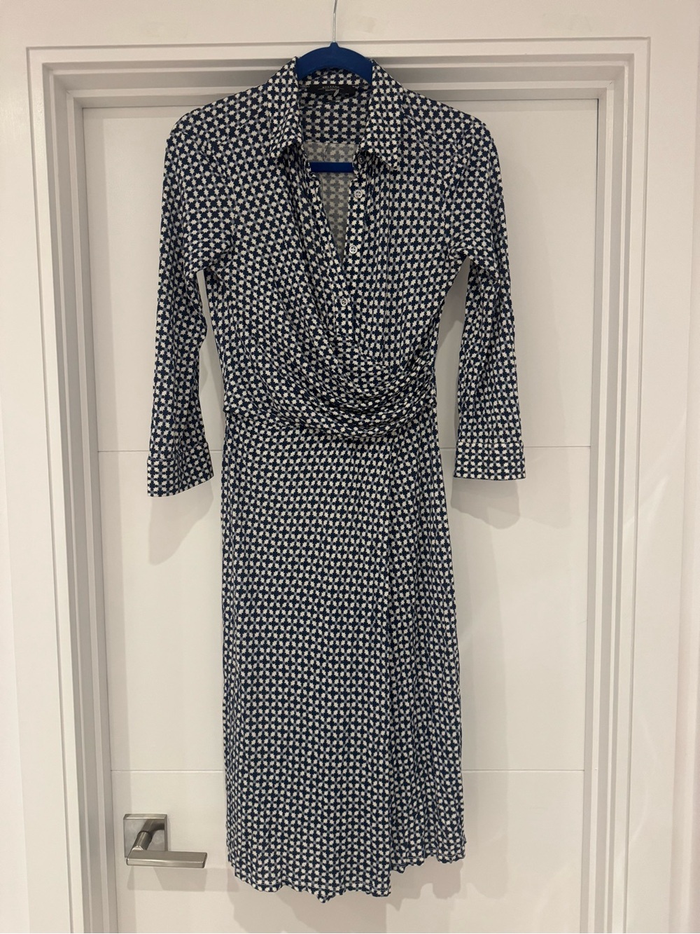 MaxMara Navy & White Geometric Long-Sleeve Faux-Wrap Dress
